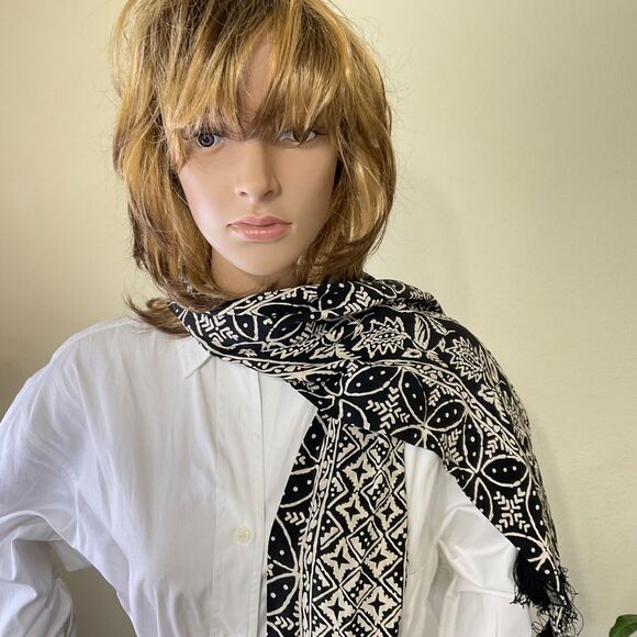 100 % SILK Mitra SCARF Women's 10”x 66” black /cream Rectangle Boho artsy print - Picture 9 of 9